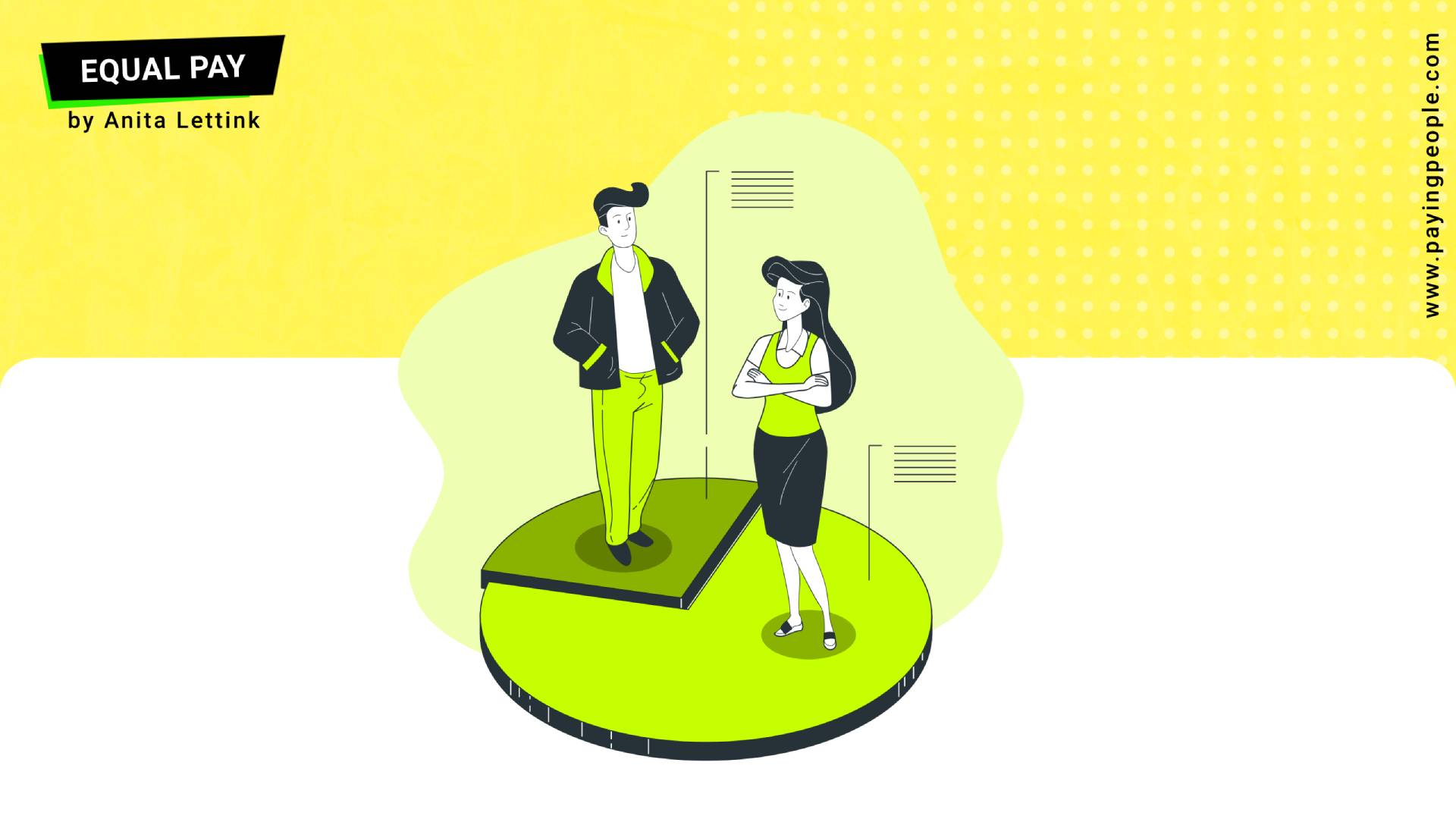 Man and woman standing on pie chart