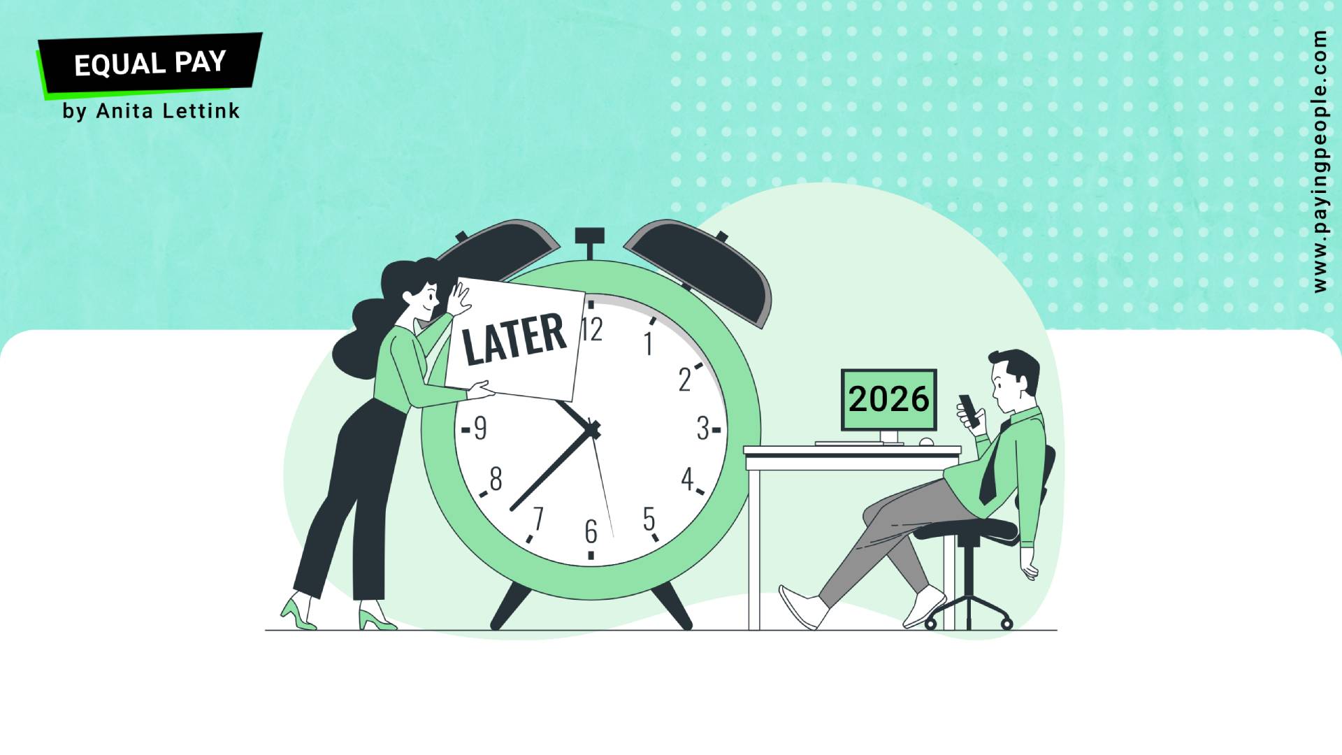 Woman with Clock and Later sign and Man with 2026 sign