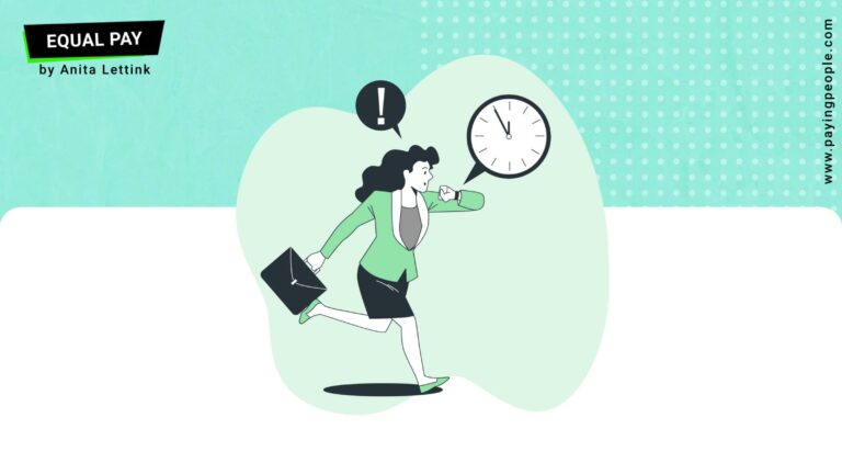 Business woman running towards clock showing five to twelve
