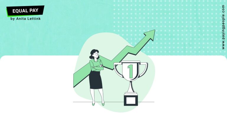 Woman in front of an upwards arrow with a trophy next to her.