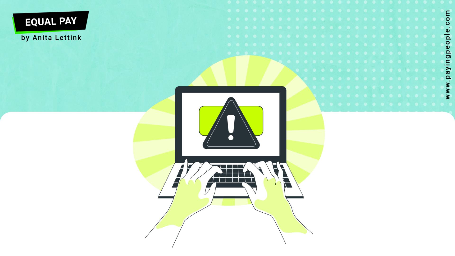 A laptop screen showing a warning sign and two hands typing on the keyboard