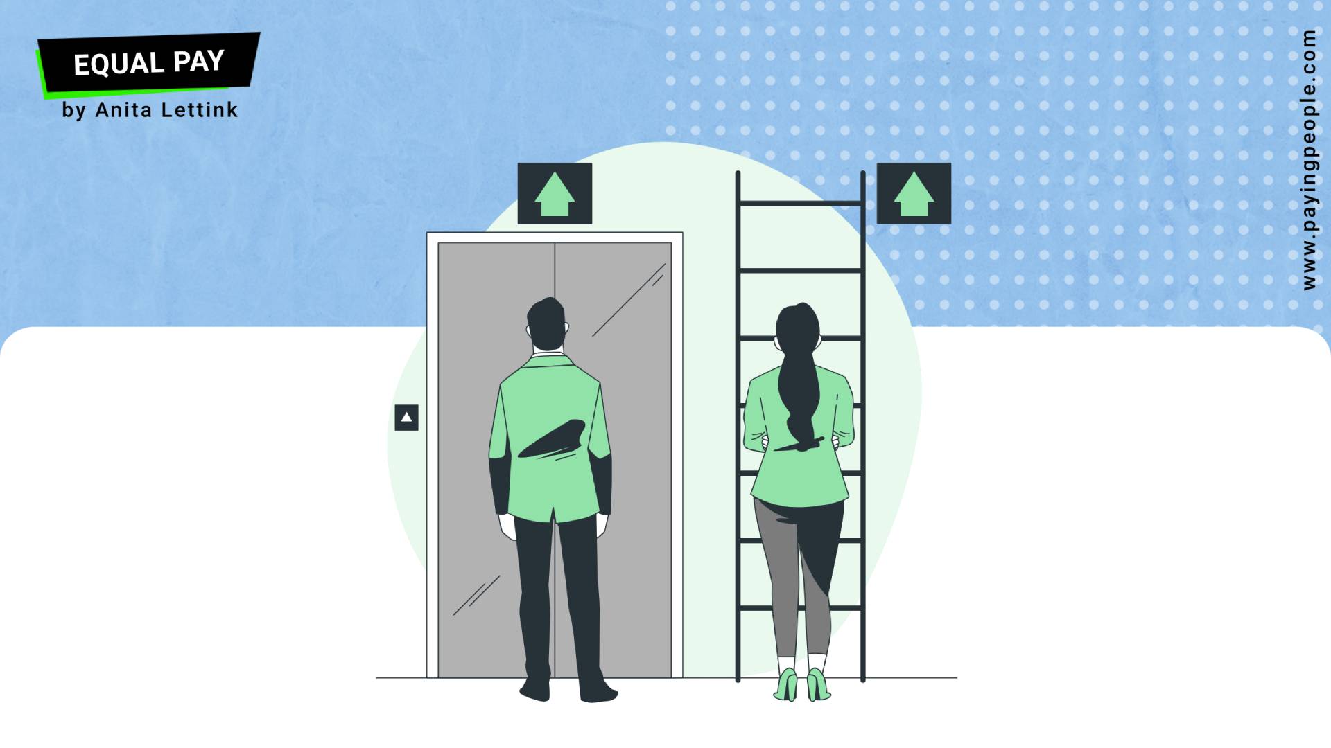 A man in front of an elevator and a woman in front of ladder.